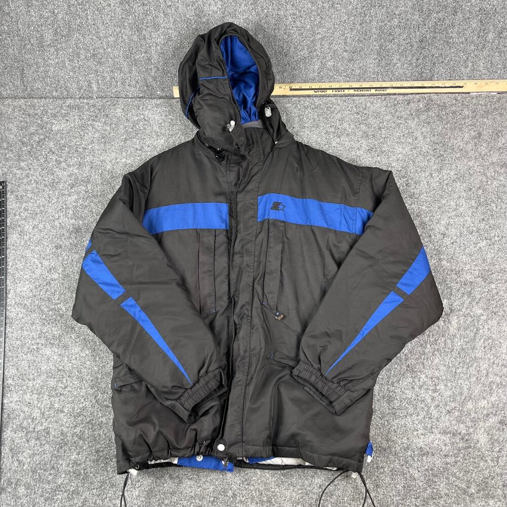 Starter Jacket Mens Large Black Blue Hooded Puffer Winter Coat Full Zip